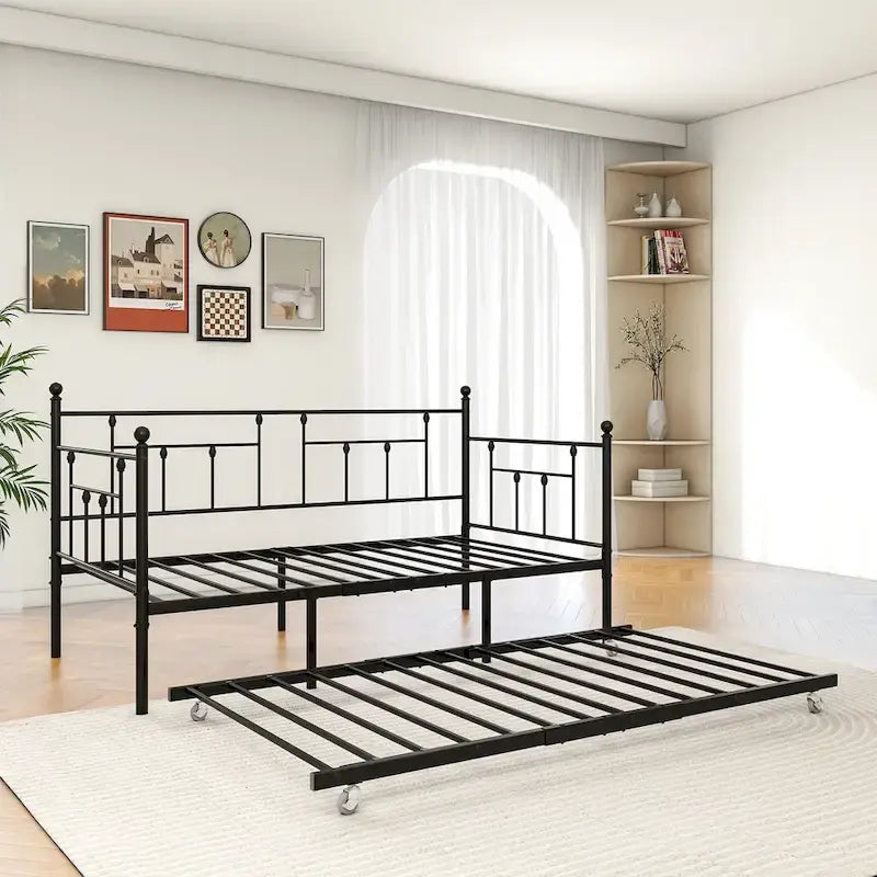 Black Metal Twin Daybed with Trundle, Sleeps 2
