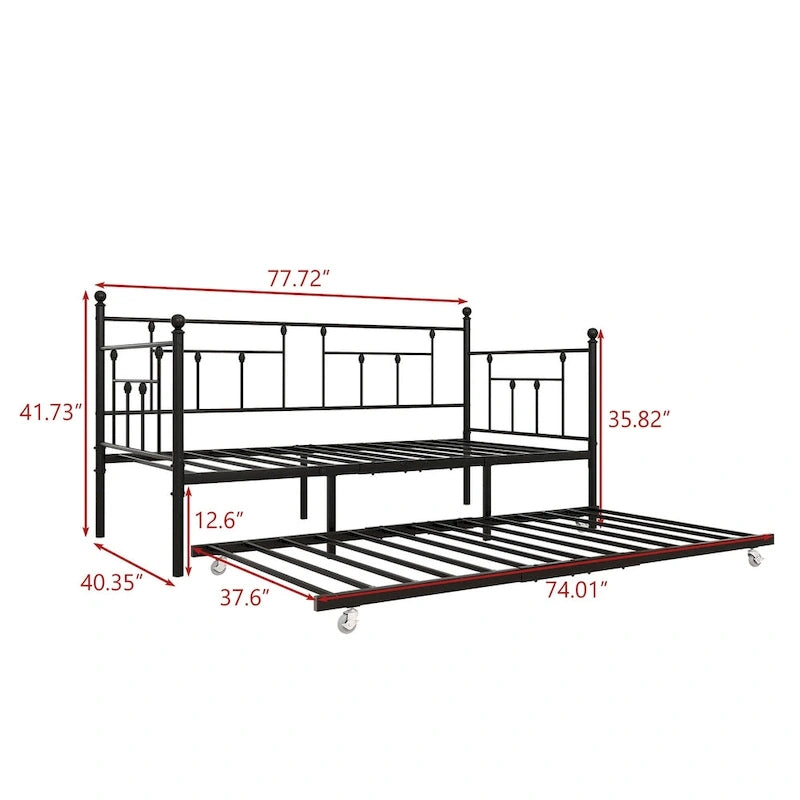 Black Metal Twin Daybed with Trundle, Sleeps 2