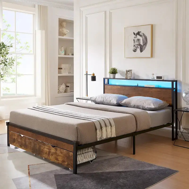 Brown & Black Queen Storage Bed Frame with LED Lights, 2 Drawers, For 1-2 People
