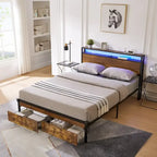 Brown & Black Queen Storage Bed Frame with LED Lights, 2 Drawers, For 1-2 People