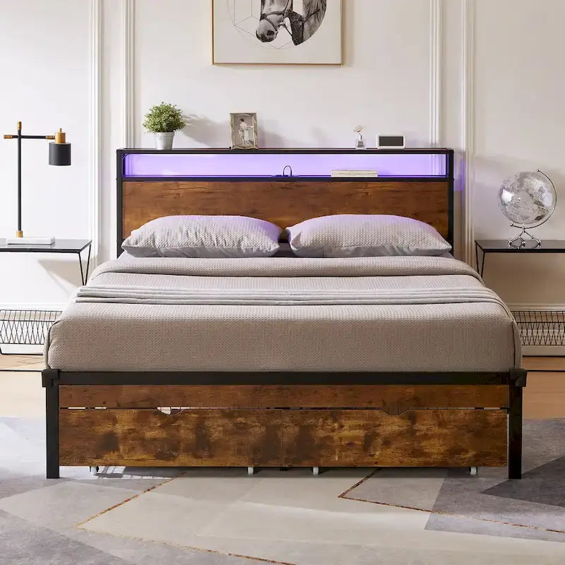 Brown & Black Queen Storage Bed Frame with LED Lights, 2 Drawers, For 1-2 People