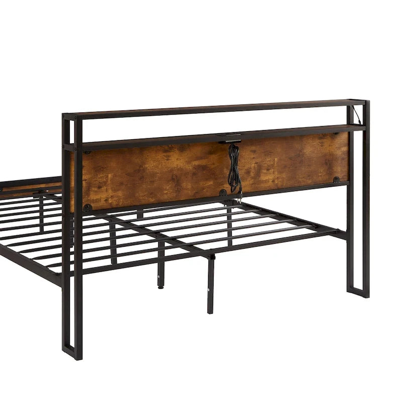 Brown & Black Queen Storage Bed Frame with LED Lights, 2 Drawers, For 1-2 People