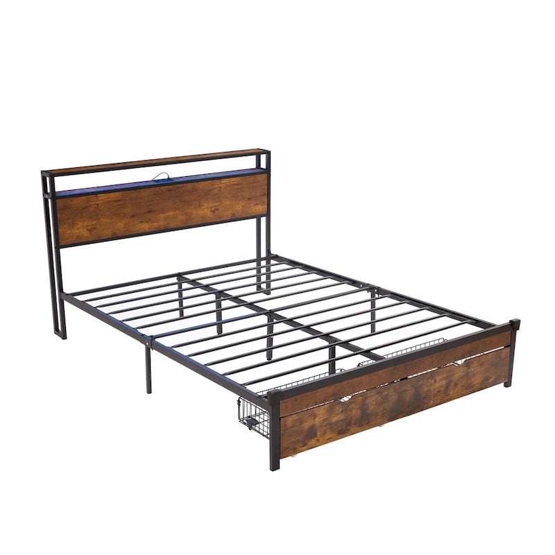 Brown & Black Queen Storage Bed Frame with LED Lights, 2 Drawers, For 1-2 People
