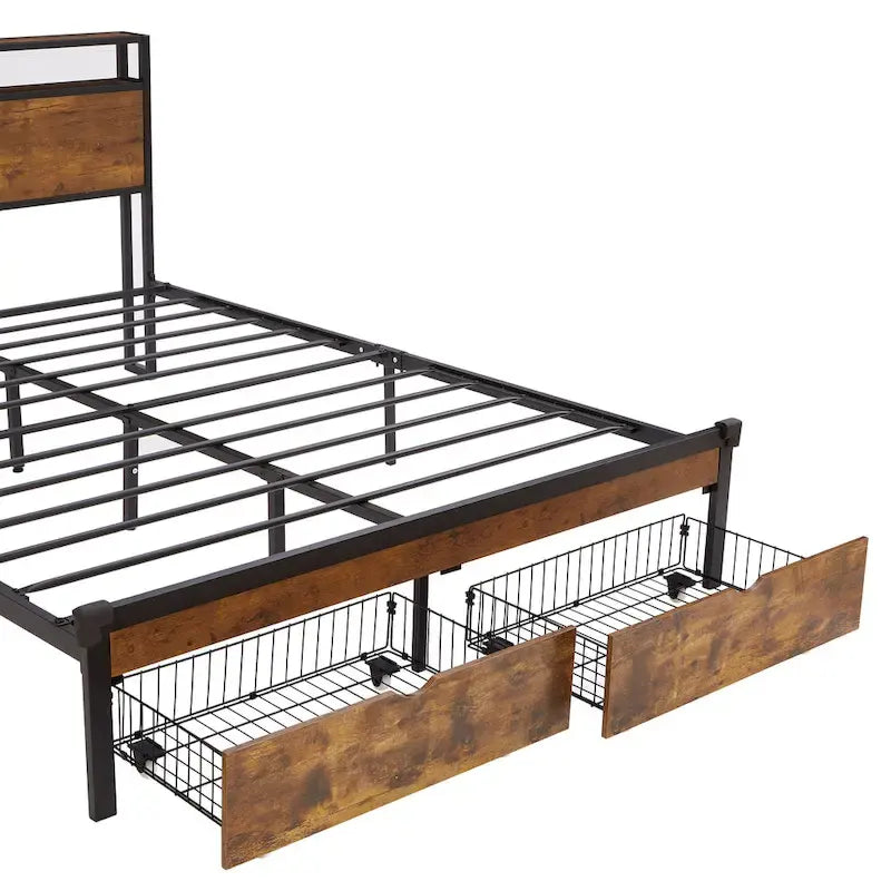 Brown & Black Queen Storage Bed Frame with LED Lights, 2 Drawers, For 1-2 People