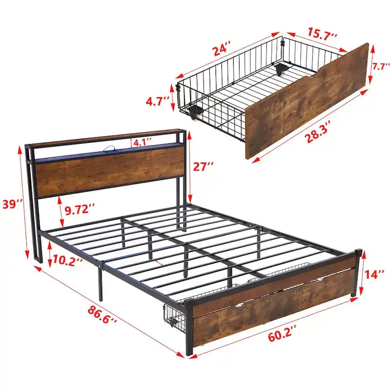 Brown & Black Queen Storage Bed Frame with LED Lights, 2 Drawers, For 1-2 People