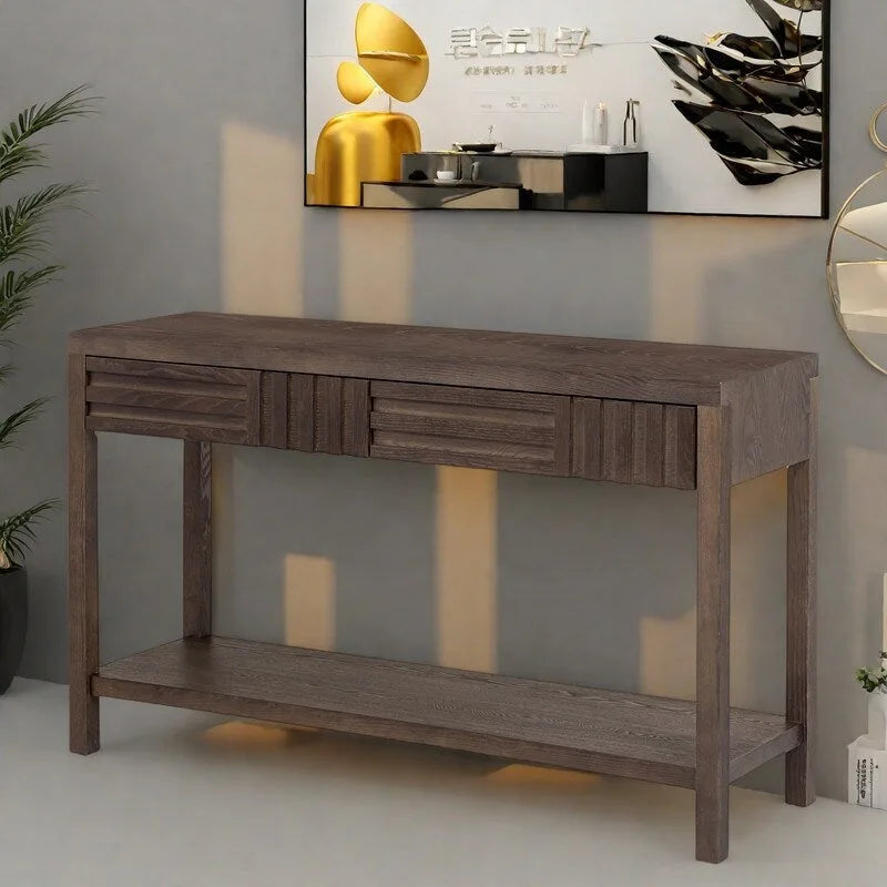 Brown / Black / Navy Blue Stripe Console Table — Ash Veneer & Fir Wood Legs, 2 Drawers
