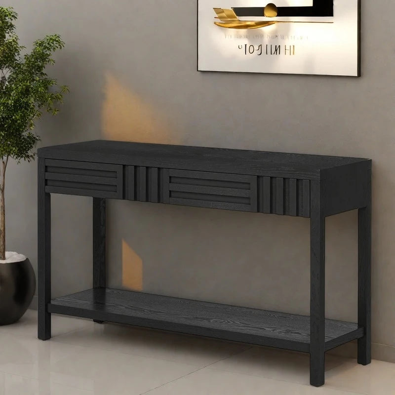 Brown / Black / Navy Blue Stripe Console Table — Ash Veneer & Fir Wood Legs, 2 Drawers