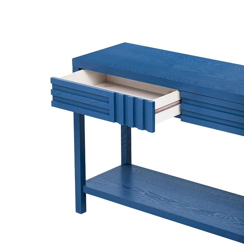 Brown / Black / Navy Blue Stripe Console Table — Ash Veneer & Fir Wood Legs, 2 Drawers