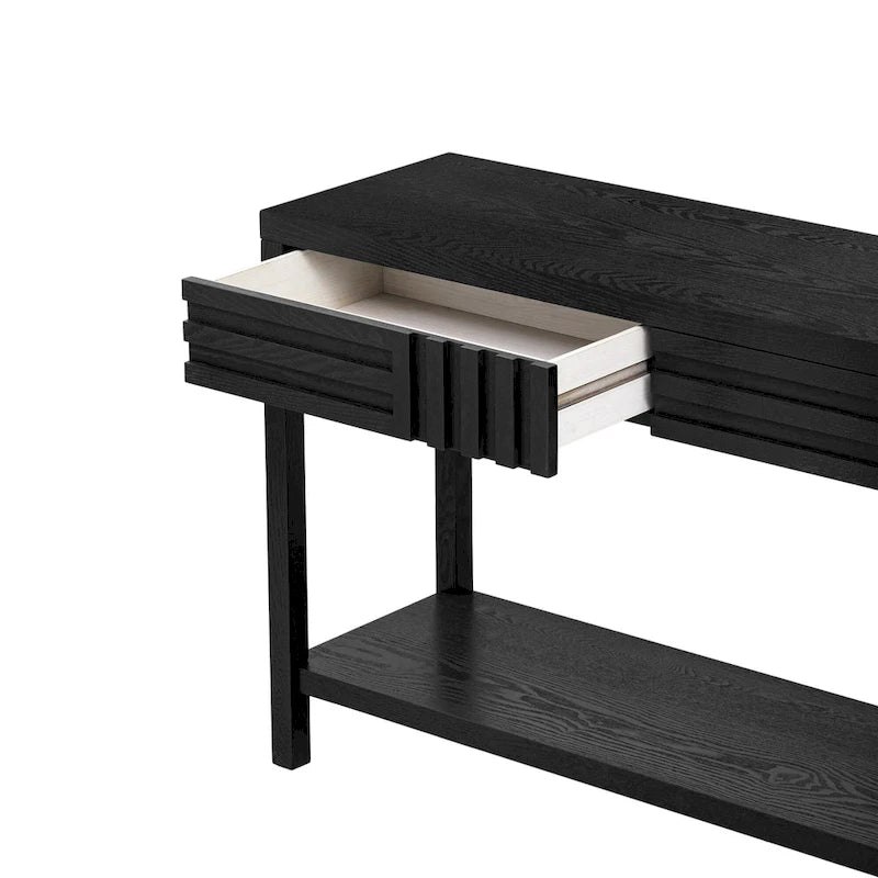 Brown / Black / Navy Blue Stripe Console Table — Ash Veneer & Fir Wood Legs, 2 Drawers
