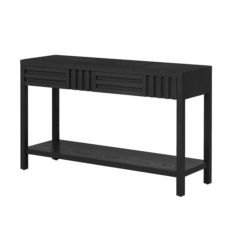 Brown / Black / Navy Blue Stripe Console Table — Ash Veneer & Fir Wood Legs, 2 Drawers