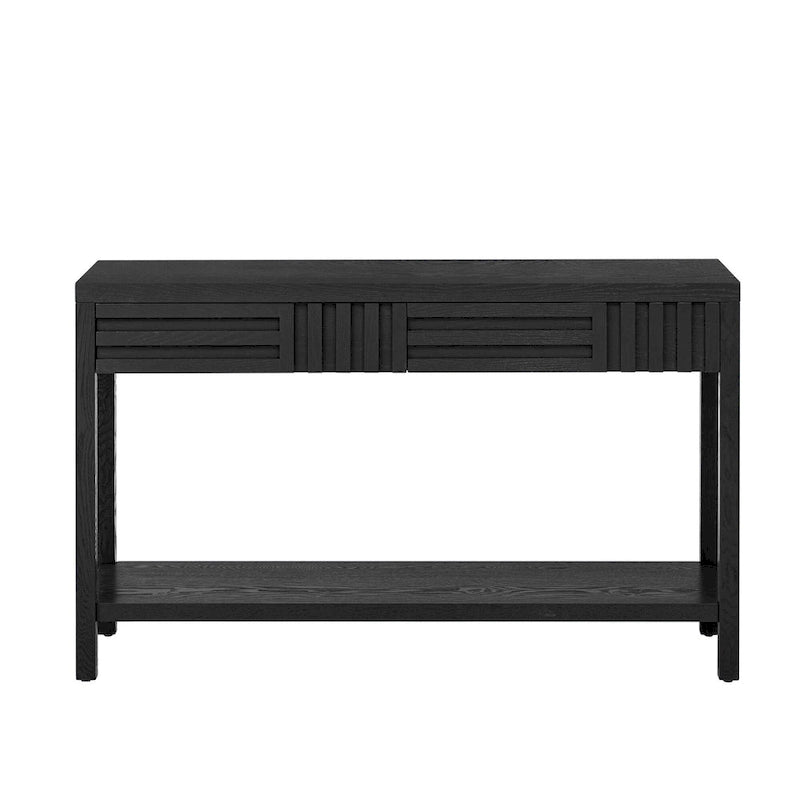 Brown / Black / Navy Blue Stripe Console Table — Ash Veneer & Fir Wood Legs, 2 Drawers