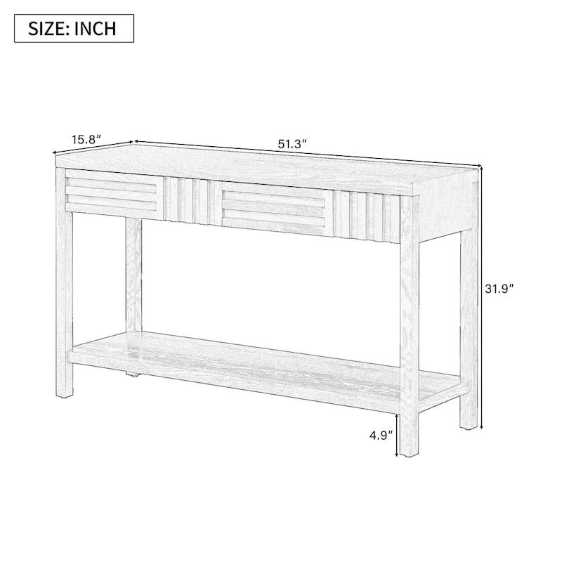 Brown / Black / Navy Blue Stripe Console Table — Ash Veneer & Fir Wood Legs, 2 Drawers