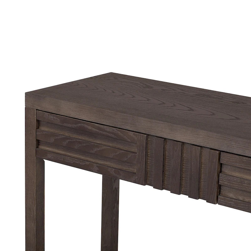 Brown / Black / Navy Blue Stripe Console Table — Ash Veneer & Fir Wood Legs, 2 Drawers
