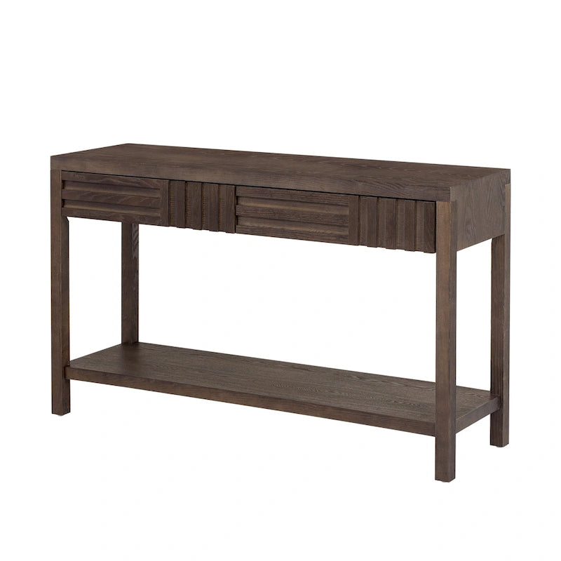 Brown / Black / Navy Blue Stripe Console Table — Ash Veneer & Fir Wood Legs, 2 Drawers
