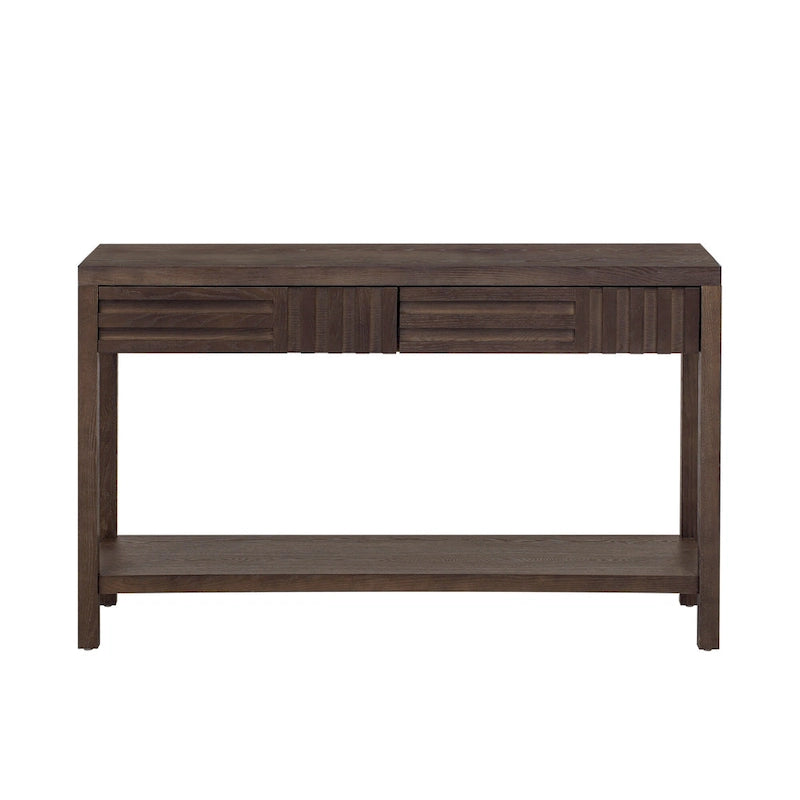 Brown / Black / Navy Blue Stripe Console Table — Ash Veneer & Fir Wood Legs, 2 Drawers