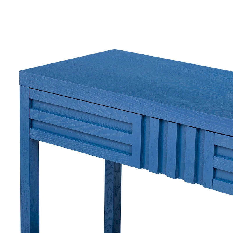 Brown / Black / Navy Blue Stripe Console Table — Ash Veneer & Fir Wood Legs, 2 Drawers
