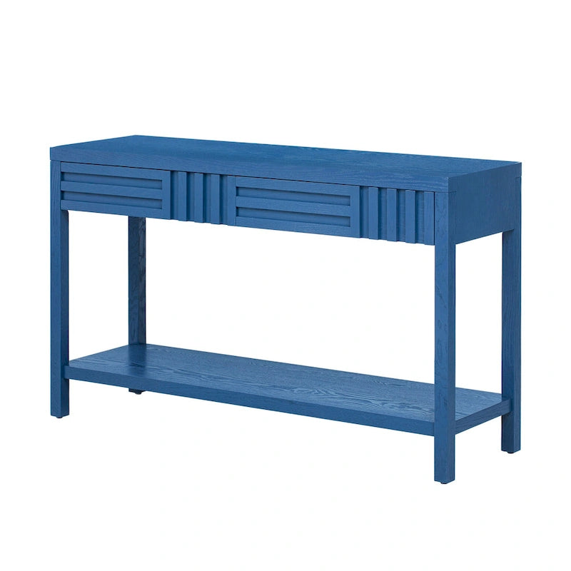 Brown / Black / Navy Blue Stripe Console Table — Ash Veneer & Fir Wood Legs, 2 Drawers