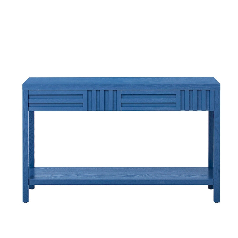 Brown / Black / Navy Blue Stripe Console Table — Ash Veneer & Fir Wood Legs, 2 Drawers