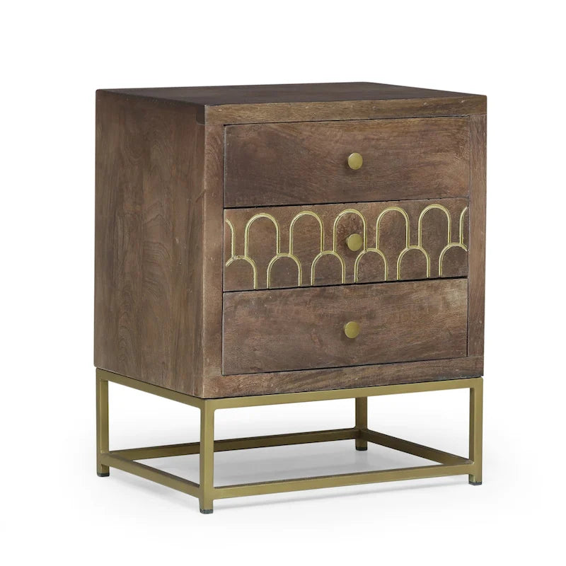 Walnut & Gold 3-Drawer Side Table