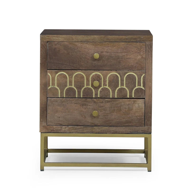 Walnut & Gold 3-Drawer Side Table
