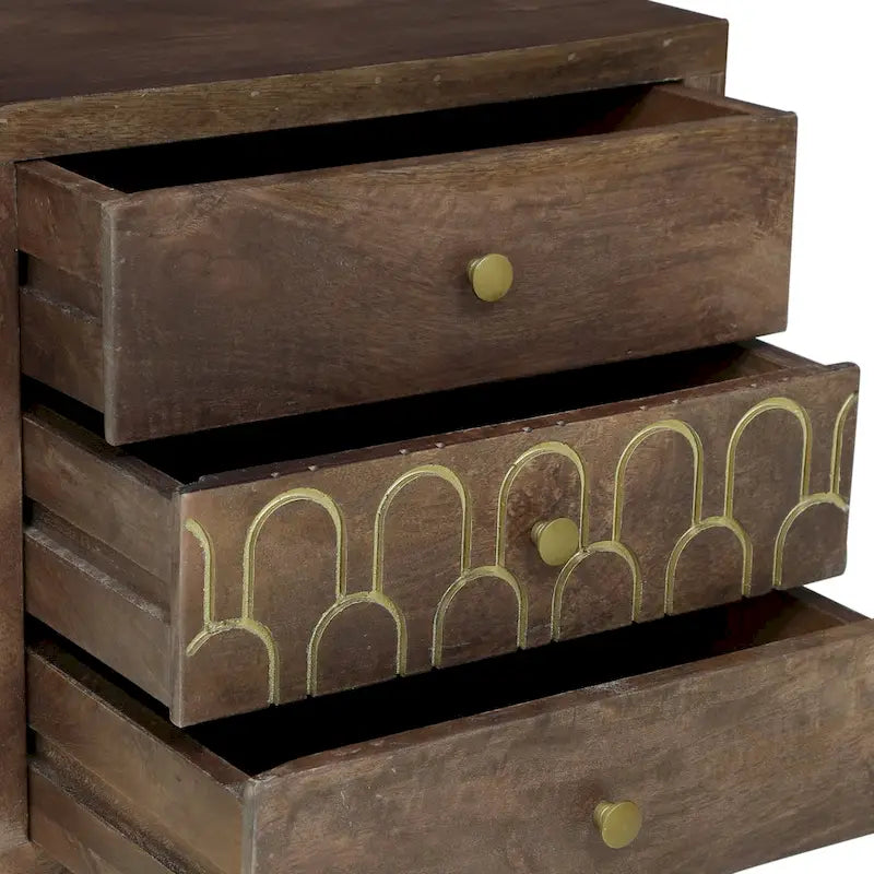Walnut & Gold 3-Drawer Side Table