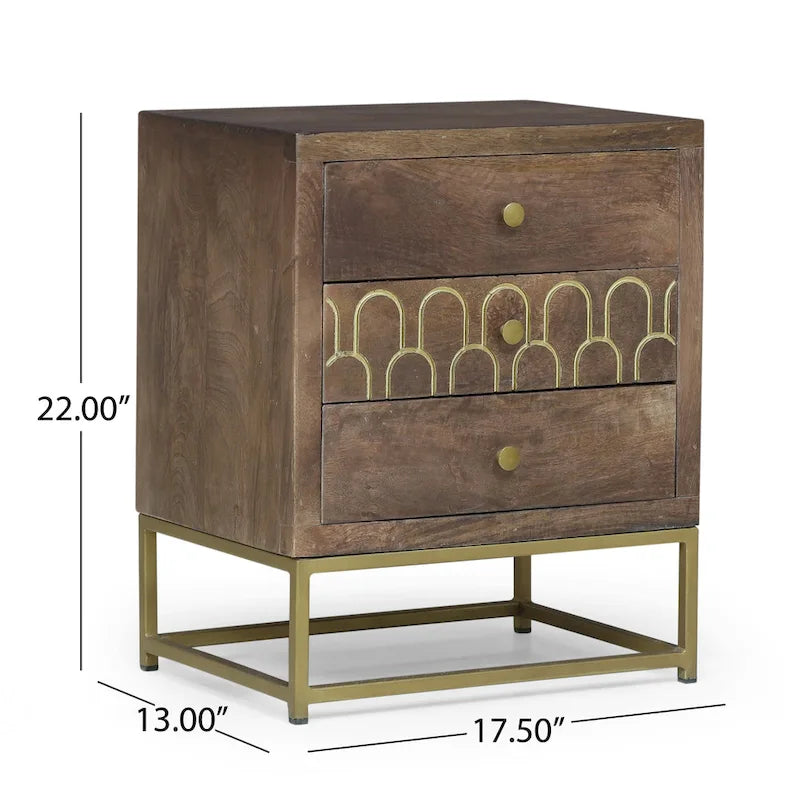 Walnut & Gold 3-Drawer Side Table
