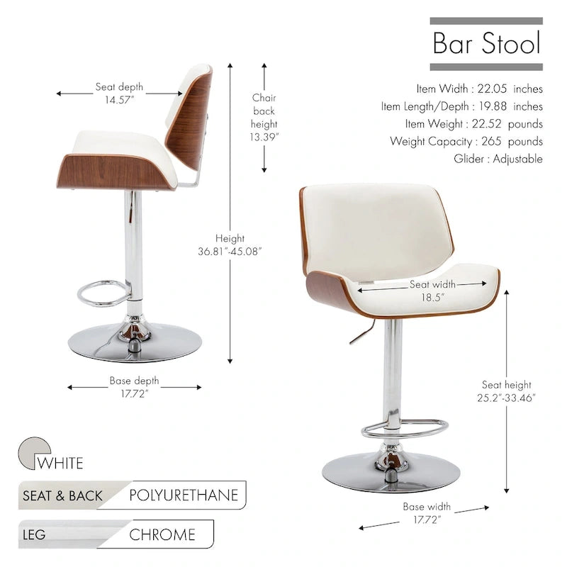 Height-Adjustable Bar Stool, PU Leather, Chrome Base, 1-Person (Black/White/Red/Brown)