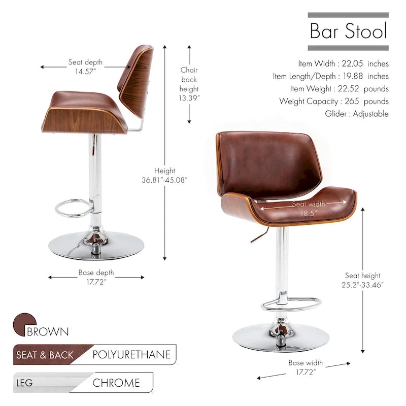 Height-Adjustable Bar Stool, PU Leather, Chrome Base, 1-Person (Black/White/Red/Brown)