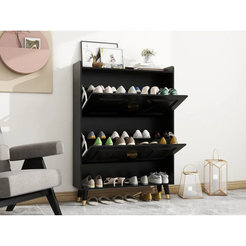 Black & White Flip-Drawer Shoe Cabinet, 2 Drawers, Freestanding Entryway Storage, Fits Family Use