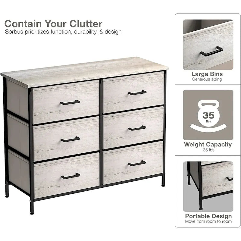 Greige 6-Drawer Fabric Dresser for Bedroom & Closet