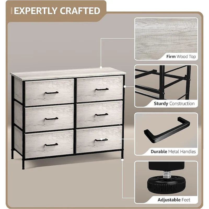 Greige 6-Drawer Fabric Dresser for Bedroom & Closet