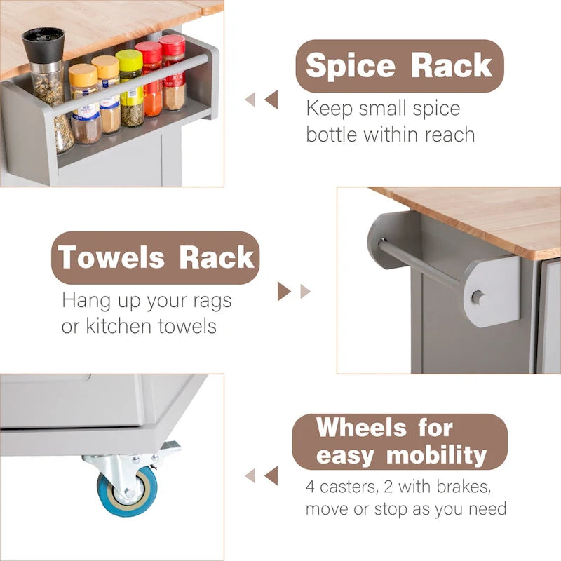 Brown/Cream/Black/Grey/White Rolling Kitchen Island Cart with Drop-Leaf, 1-Person