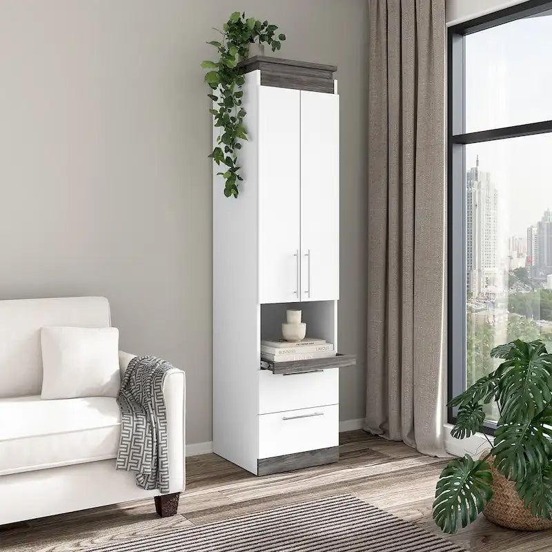 White/Walnut Grey & Bark Grey/Graphite Narrow Storage Cabinet with Doors & Drawers for 2 People