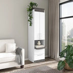 White/Walnut Grey & Bark Grey/Graphite Narrow Storage Cabinet with Doors & Drawers for 2 People