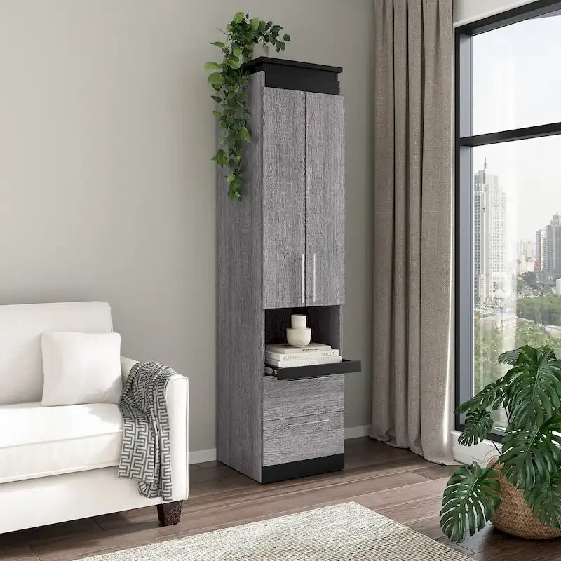 White/Walnut Grey & Bark Grey/Graphite Narrow Storage Cabinet with Doors & Drawers for 2 People