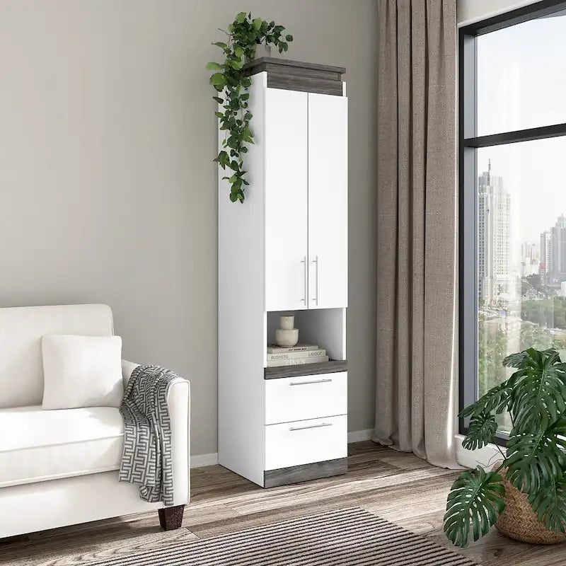 White/Walnut Grey & Bark Grey/Graphite Narrow Storage Cabinet with Doors & Drawers for 2 People
