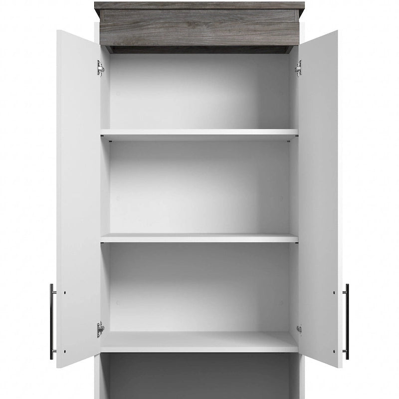 White/Walnut Grey & Bark Grey/Graphite Narrow Storage Cabinet with Doors & Drawers for 2 People