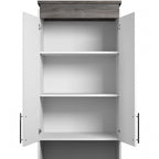 White/Walnut Grey & Bark Grey/Graphite Narrow Storage Cabinet with Doors & Drawers for 2 People