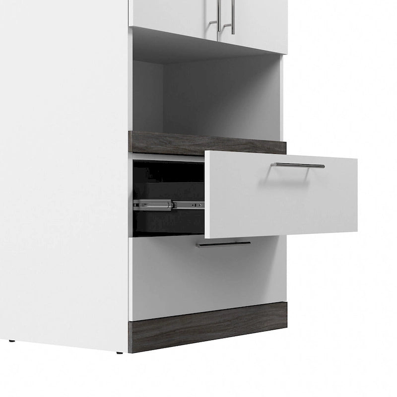 White/Walnut Grey & Bark Grey/Graphite Narrow Storage Cabinet with Doors & Drawers for 2 People