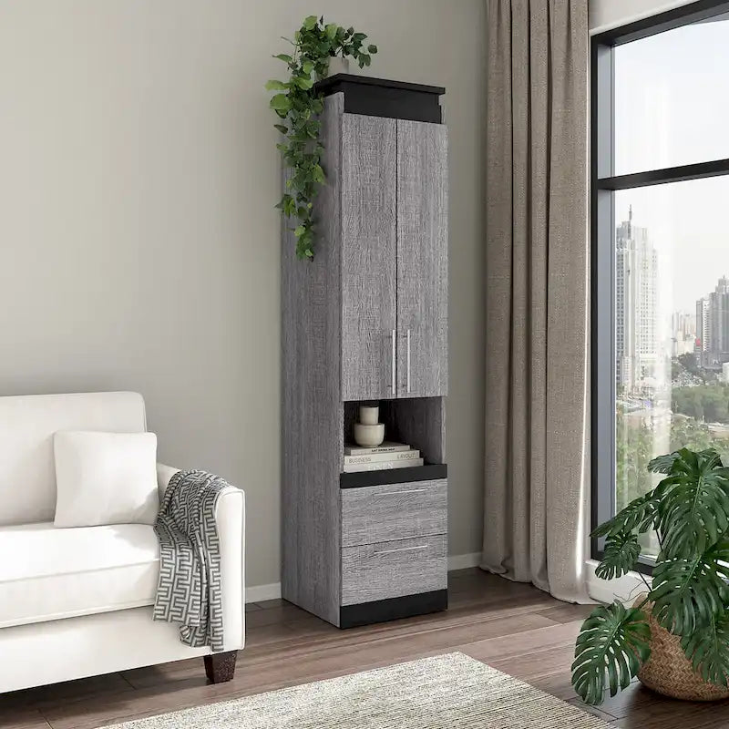 White/Walnut Grey & Bark Grey/Graphite Narrow Storage Cabinet with Doors & Drawers for 2 People