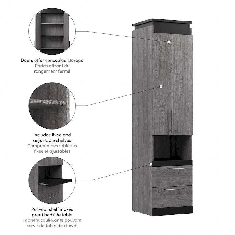White/Walnut Grey & Bark Grey/Graphite Narrow Storage Cabinet with Doors & Drawers for 2 People