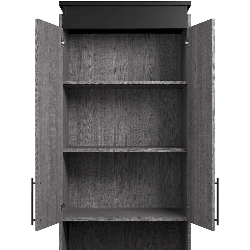 White/Walnut Grey & Bark Grey/Graphite Narrow Storage Cabinet with Doors & Drawers for 2 People