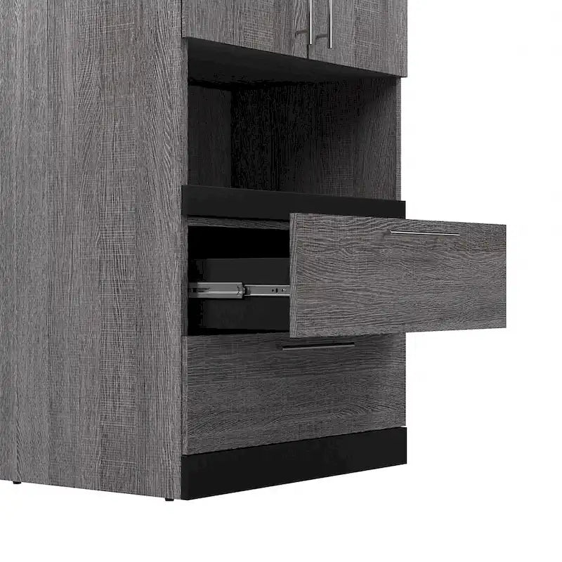 White/Walnut Grey & Bark Grey/Graphite Narrow Storage Cabinet with Doors & Drawers for 2 People