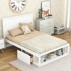 White/Gray Full Platform Bed with Headboard, 2 Drawers & Shelf, for 1