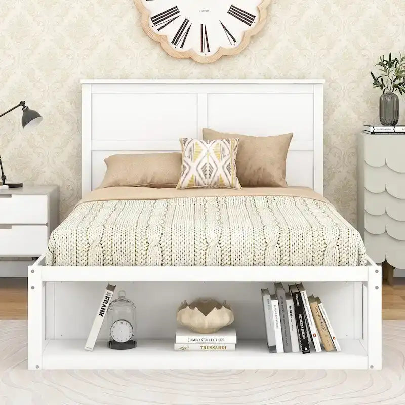 White/Gray Full Platform Bed with Headboard, 2 Drawers & Shelf, for 1
