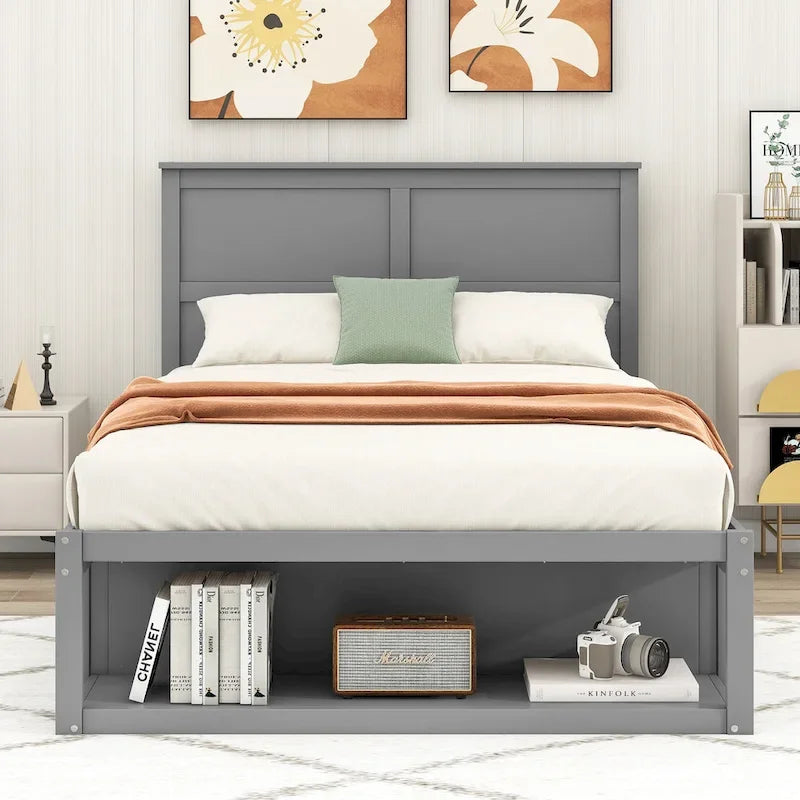 White/Gray Full Platform Bed with Headboard, 2 Drawers & Shelf, for 1