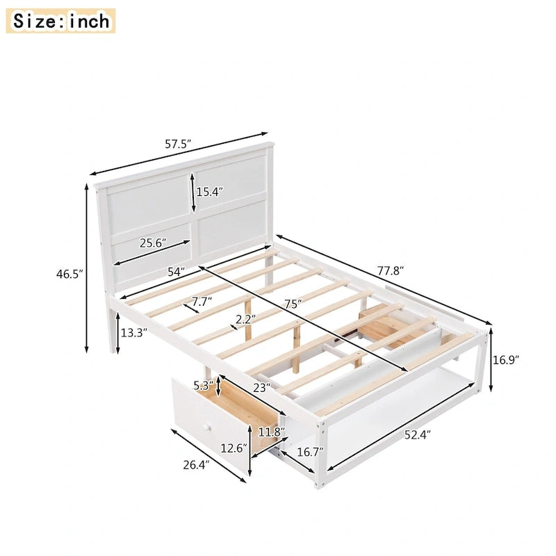 White/Gray Full Platform Bed with Headboard, 2 Drawers & Shelf, for 1
