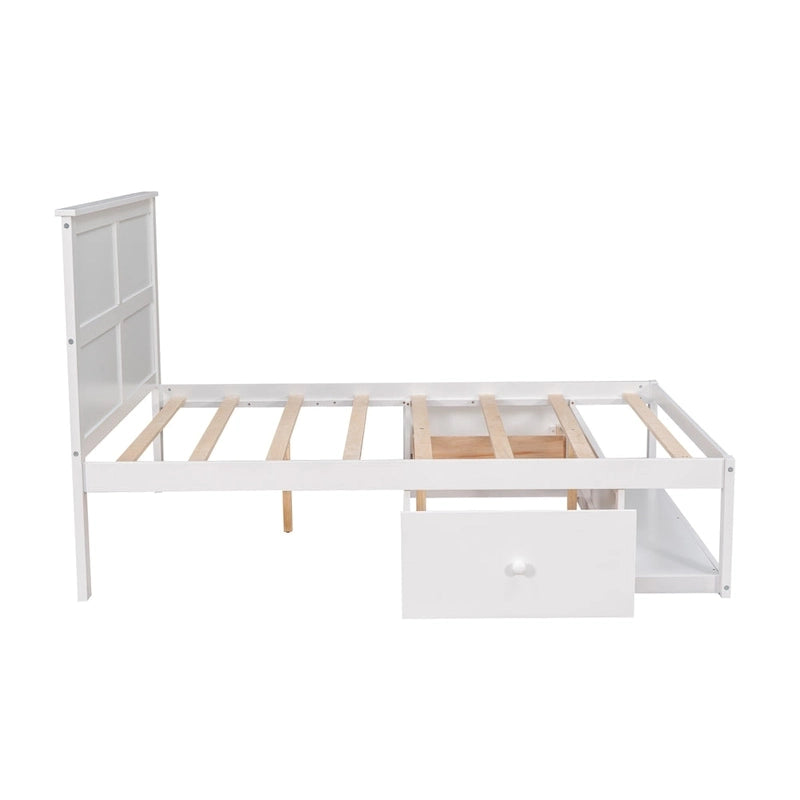 White/Gray Full Platform Bed with Headboard, 2 Drawers & Shelf, for 1