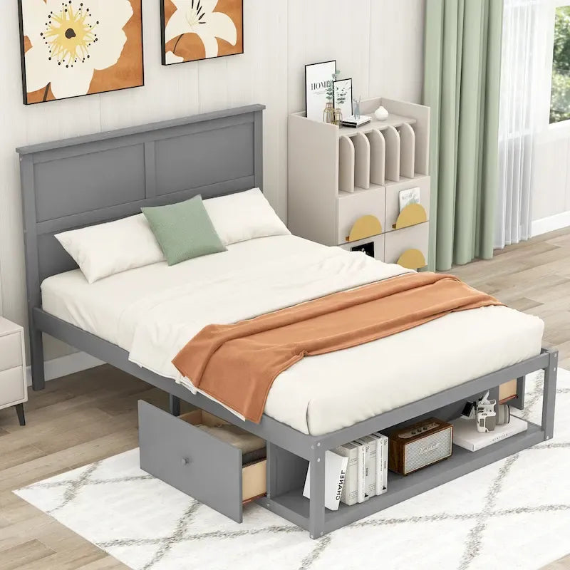 White/Gray Full Platform Bed with Headboard, 2 Drawers & Shelf, for 1