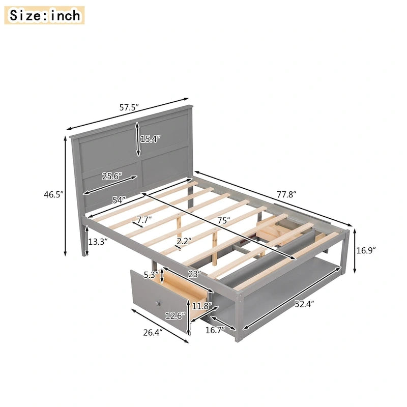 White/Gray Full Platform Bed with Headboard, 2 Drawers & Shelf, for 1